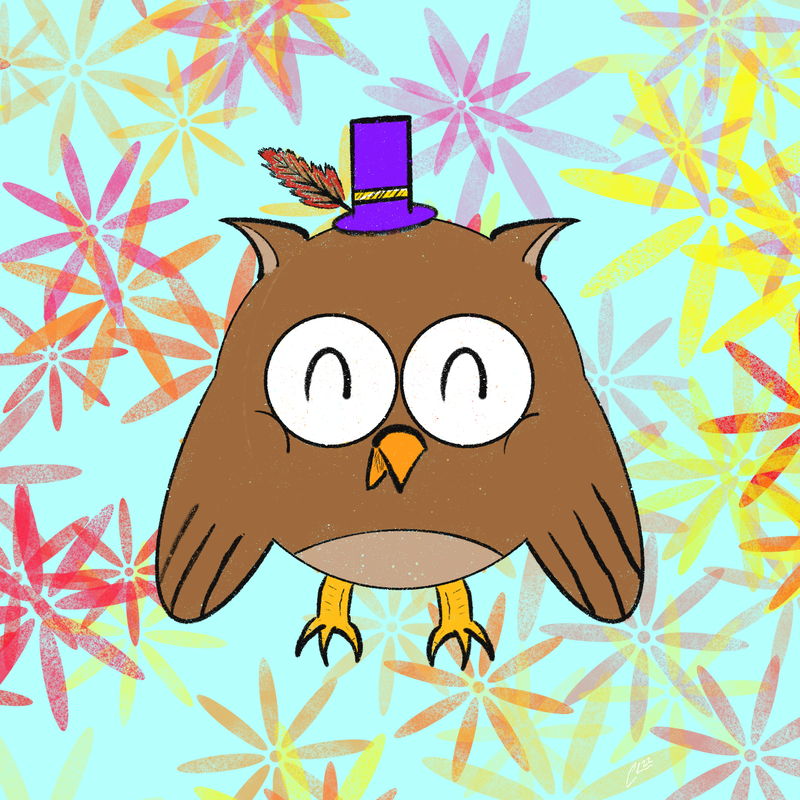 Digital drawing of an owl in a funky purple hat.