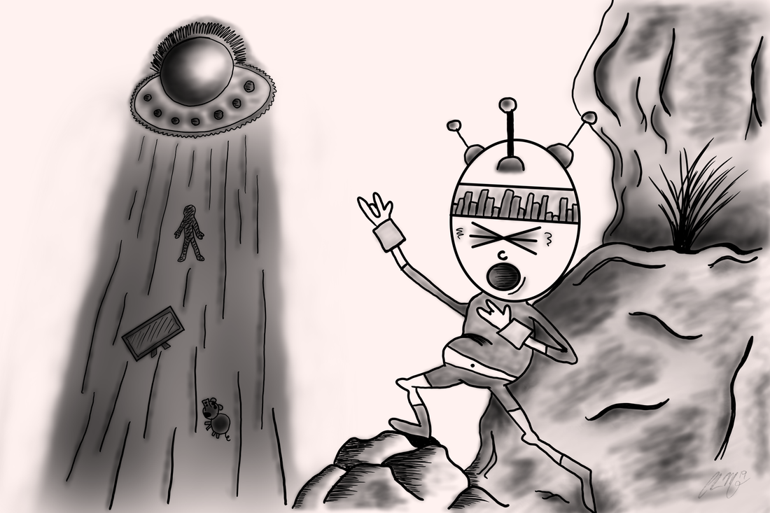 A black and white picture of an alien rocking out as its UFO sucks stuff up in the background.