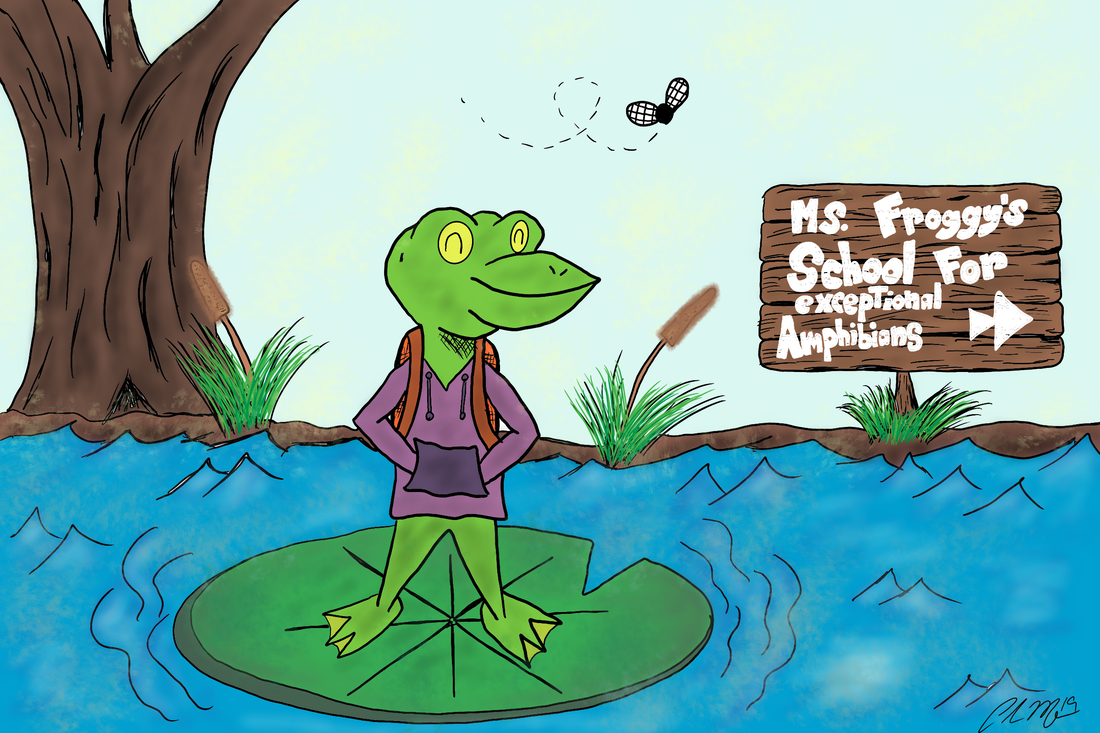 Color digital art featuring a frog standing on a lily pad, getting ready to go to Ms. Froggy's School for Exceptional Amphibians.