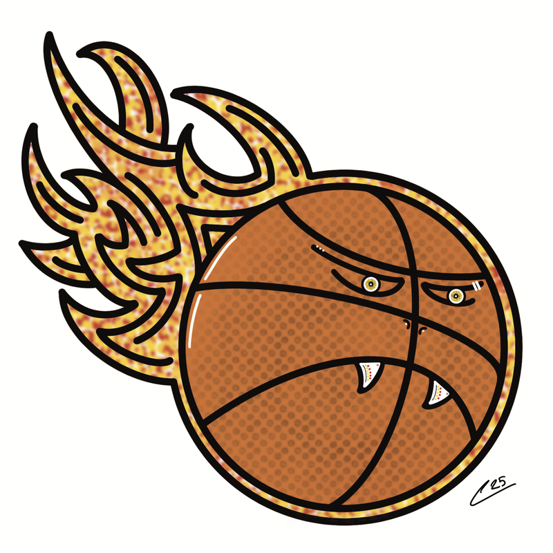An orange monster basketball with fangs surrounded in orange and yellow fangs.