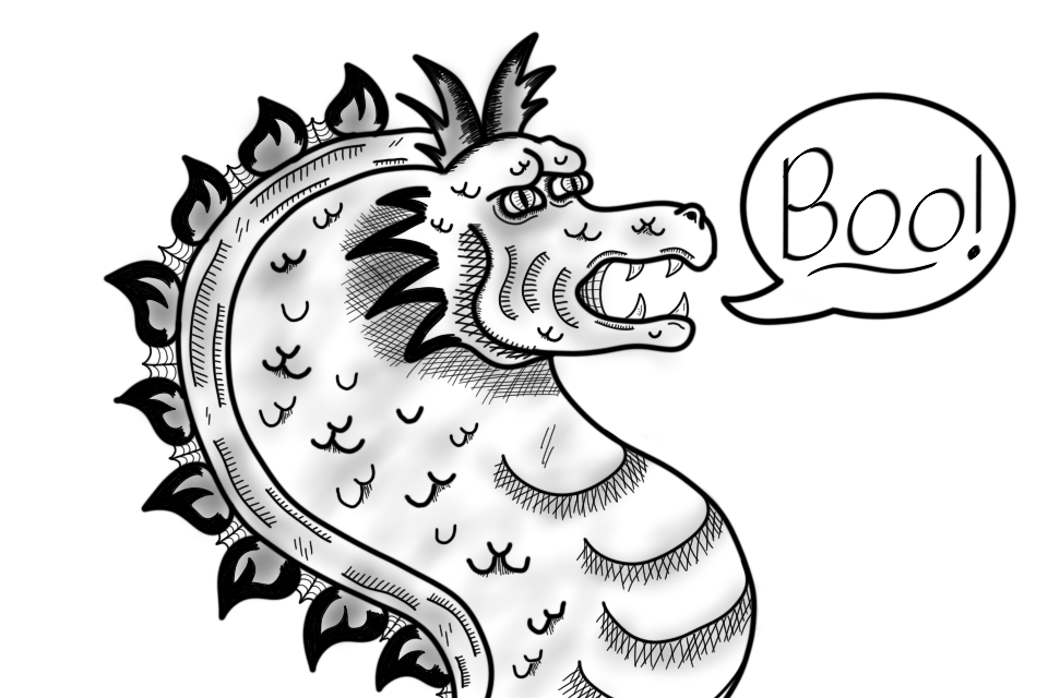 This is a black and white digital drawing of a dragon saying, 