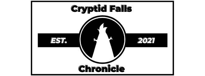 Black and white digital drawing of a fictional newspaper banner for the Cryptid Falls Chronicle. The logo features a silhouette of a sasquatch head.
