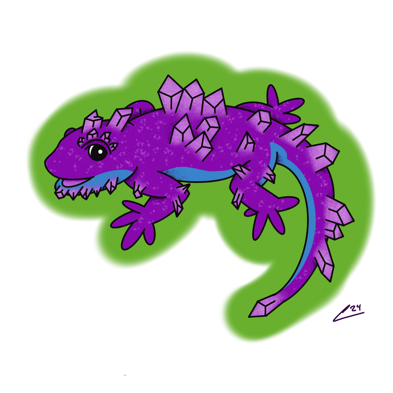 A digital cartoon drawing of a happy purple and blue lizard with crystals coming out of its body. 
