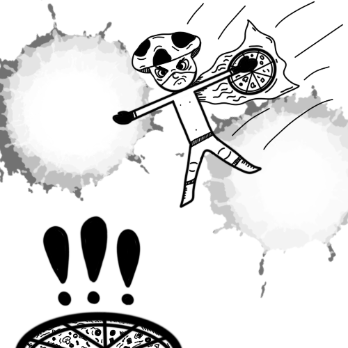 Black and white digital drawing of a pizza-themed luchador diving towards a pizza.