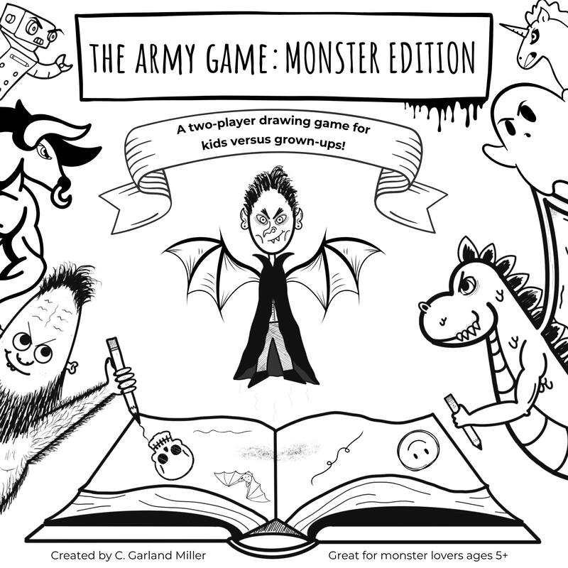 The black and white cover for The Army Game: Monster Edition, an upcoming two-player drawing game for kids versus grownups.