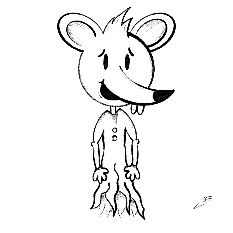 Black and white digital drawing of a cartoon ghost mouse.