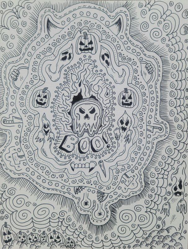 Black and white Halloween art featuring pumpkins and skulls that was done with gel pen.