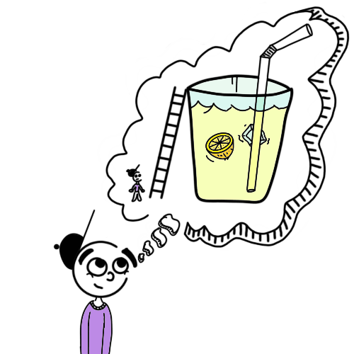 Digital drawing of a kid daydreaming about a giant glass of lemonade. In the daydream, he's standing beside a ladder and about to climb into the lemonade.