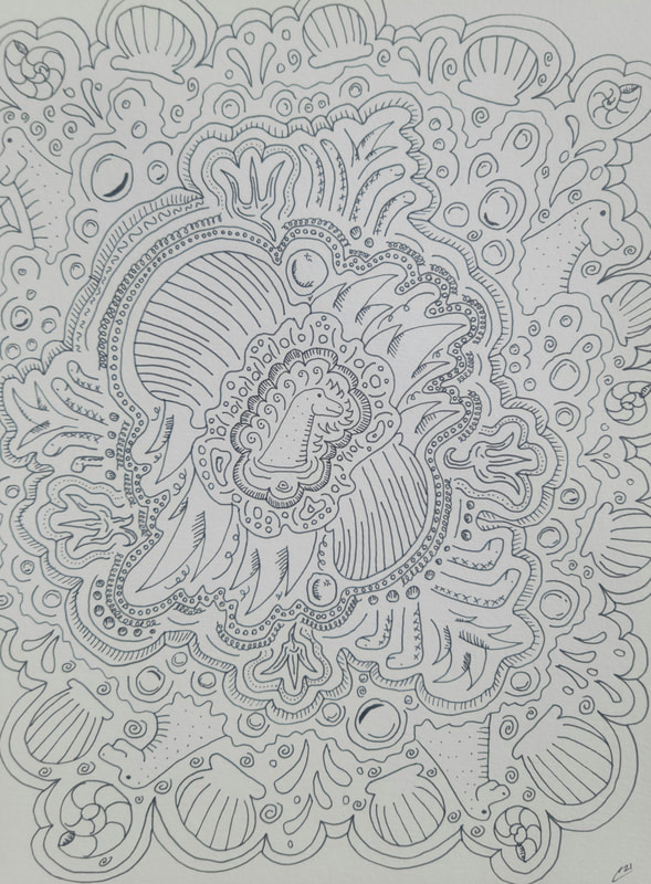 Black and white art of the Loch Ness Monster done with a felt tip pen.