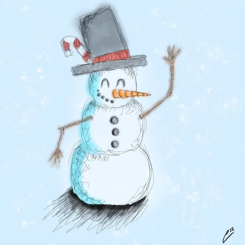 Colored illustration of a snow person waving.