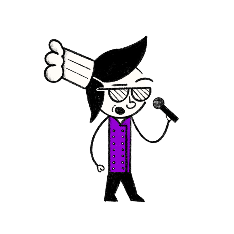 A color illustration of a rapper chef in a purple chef coat. 