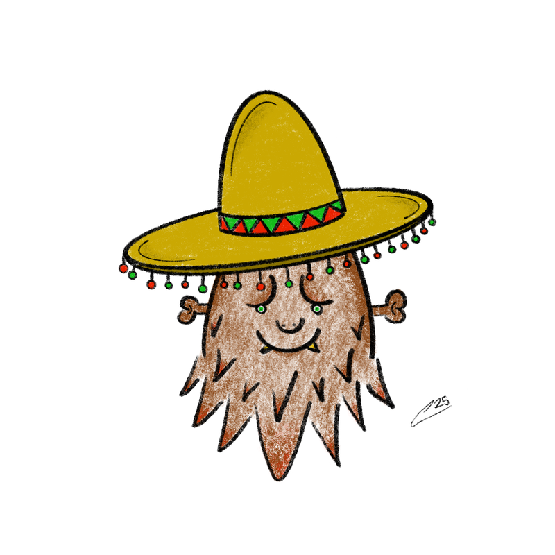 A colorful pencil drawing of a sasquatch wearing a yellow sombrero hat.