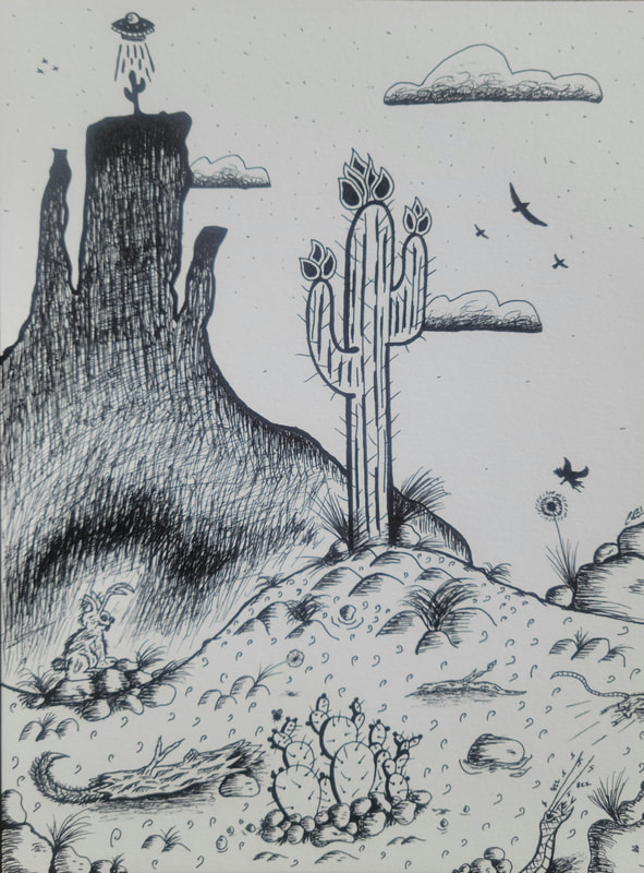 Black and white image of a creep desert done with gel pen.