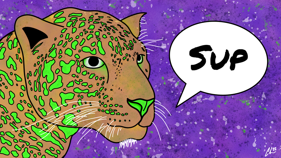 A digital drawing, set over a purple background, of an intergalactic space jaguar with green spots. It's saying, 