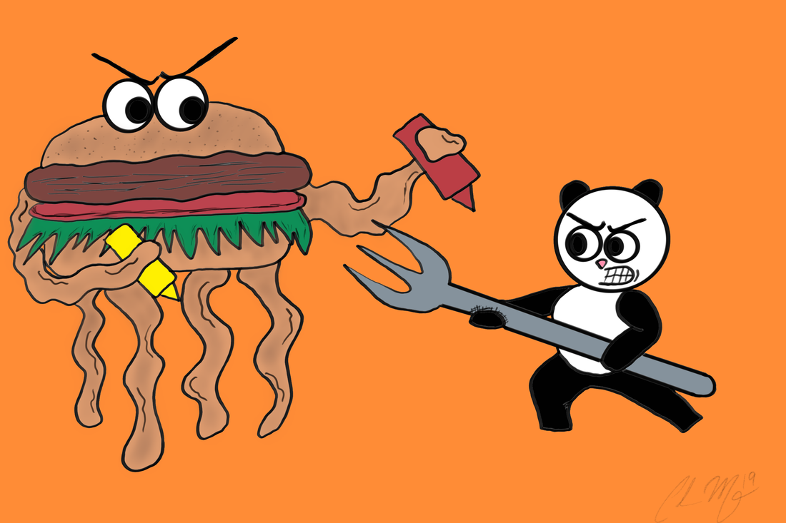 A colorful digital art drawing of a panda fighting a giant cheeseburger monster with a fork.