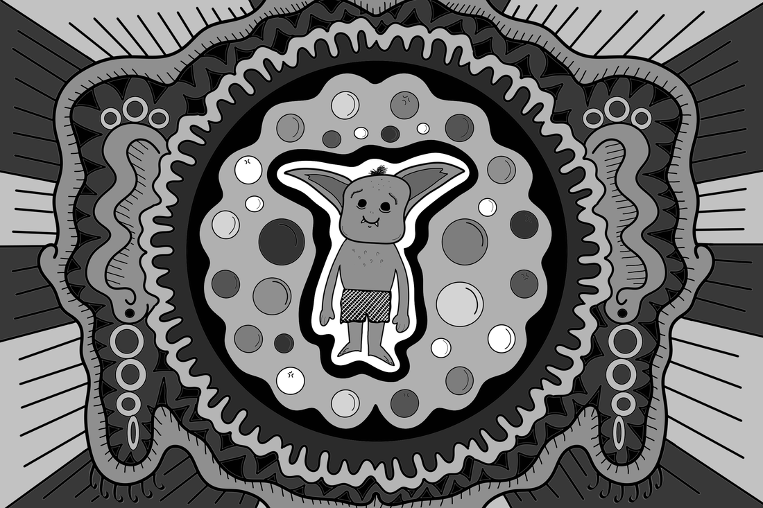 A black and grey digital drawing of a goblin surrounded by a pattern. It is similar to a coloring book.