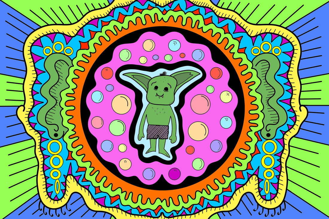 A colorful, coloring book-style digital drawing of a goblin surrounded by a pattern.